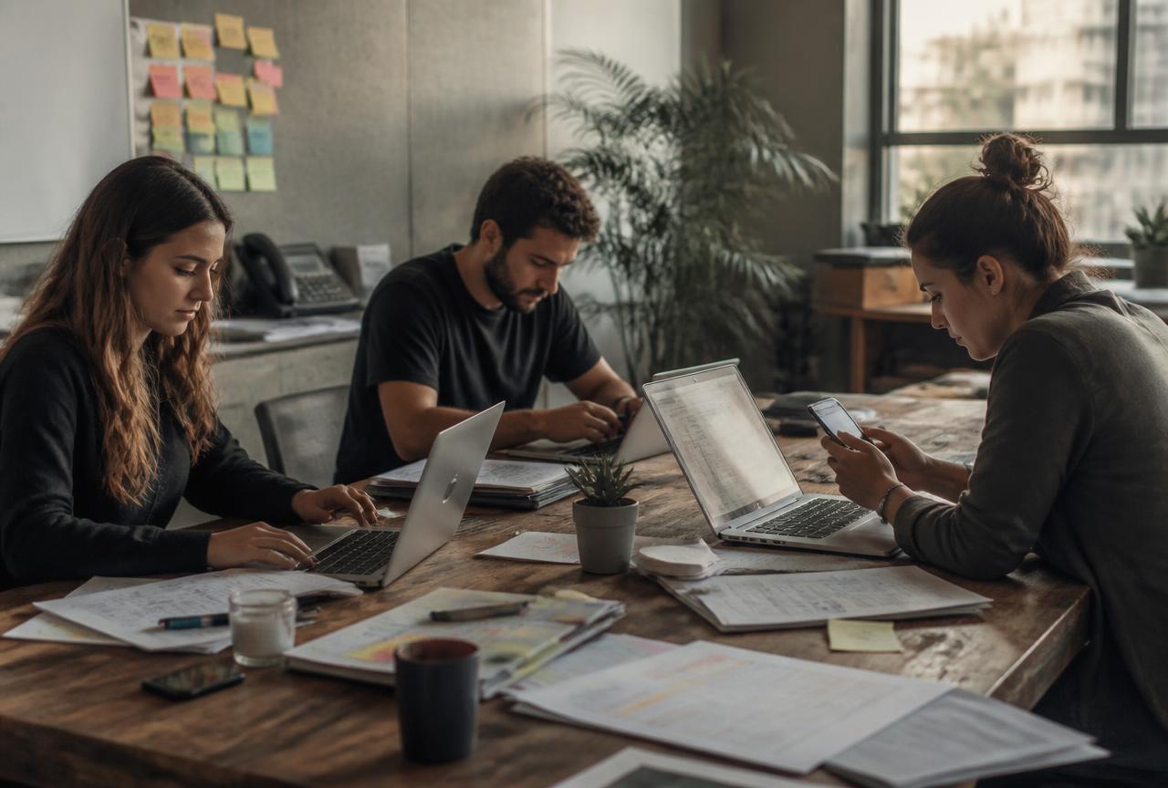 Marketing team working across scattered tools, laptops and printed notes